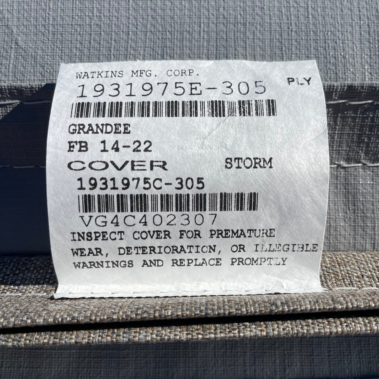 ZA@ Pallet of WATKINS Spa Cover 99”x91” Grey 1931975E-305 (AS-IS)