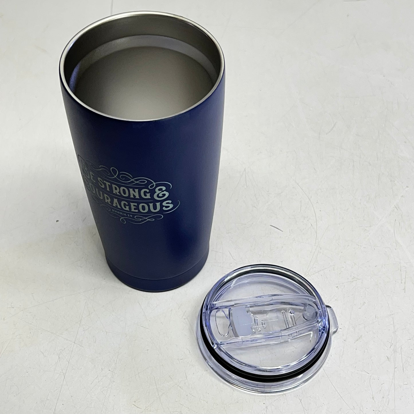 CHRISTIAN ART GIFTS Joshua 1:9 Stainless Steel Travel Tumbler  18 Oz  Navy Blue