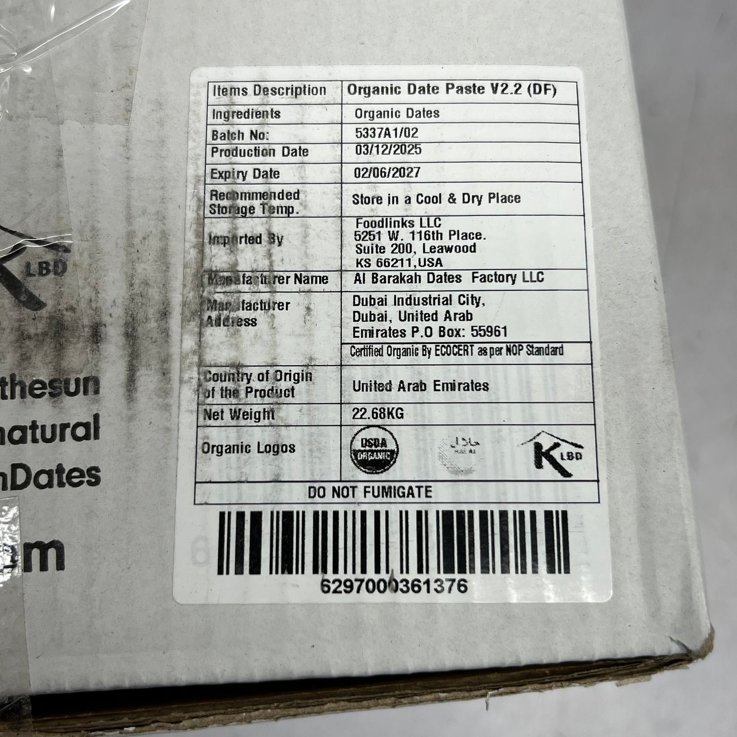 ZA@ FOODLINKS LLC Organic Date Paste V2.2 50 lb 5337A1/02