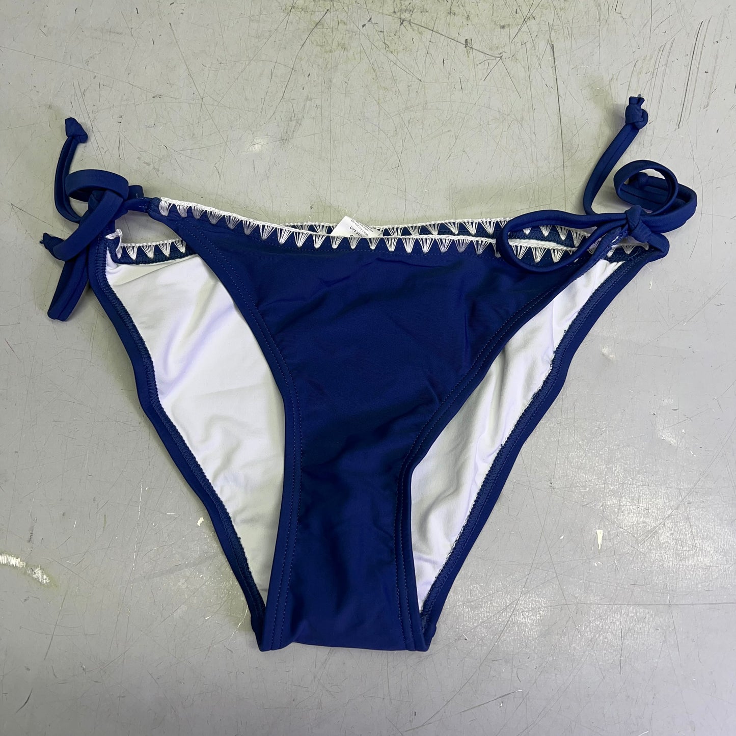 CHARMO Triangle Top Tie Bottoms Contrast Lace Bikini Women's Sz S Blue/White