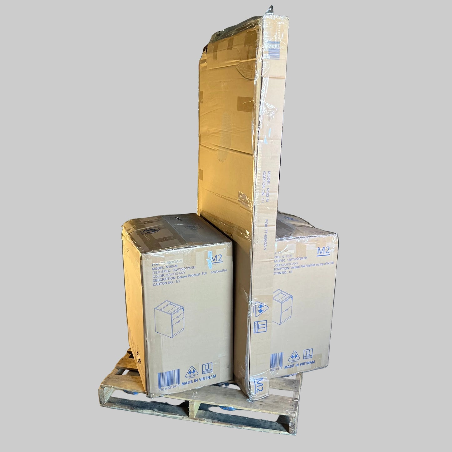 ZA@ Pallet of BOSS OFFICE PRODUCTS Desk Shell & Desk Pedestal - Mahogany N102-M/N166-M (AS-IS, Damaged Desk)