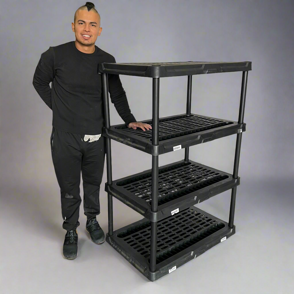 ZA@ BLACK+DECKER (2 PACK) 4-Tier Heavy Duty Ventilated Plastic Storage Shelving Unit Sz 36"L x 23.25"W X 54"H Black (AS-IS, Slight Damage) D