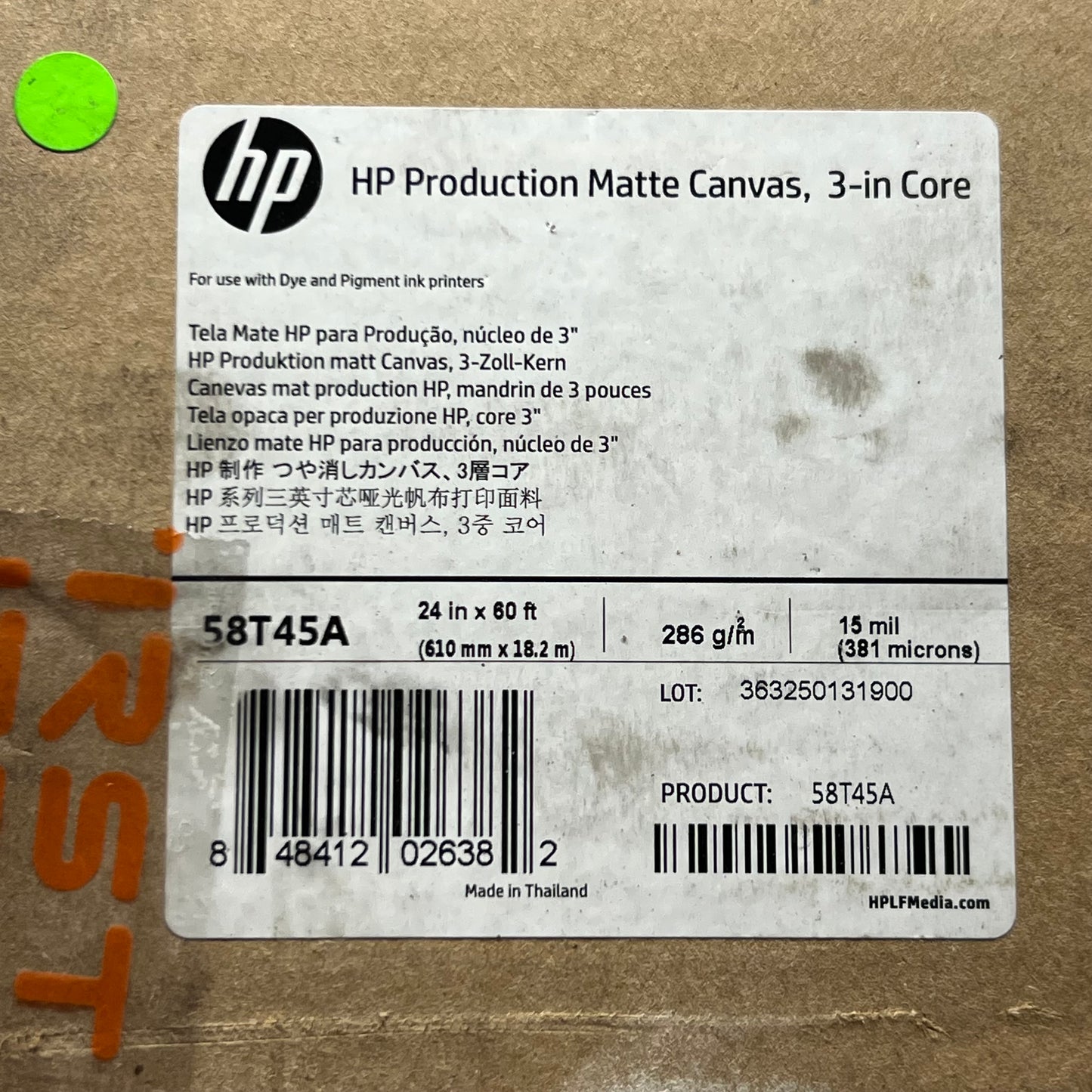 HP Production Matte Canvas 24" x 60' Roll (3" Core) 58T45A