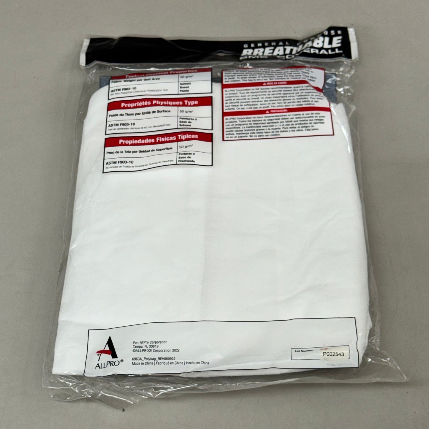 GENERAL PURPOSE (12 Pk) Breathable Sms Coverall Crew L White 6964A W/ 3-layer Polypropylene