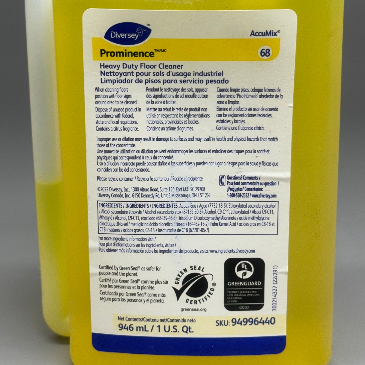 DIVERSEY PROMINENCE 6PK Heavy Duty Floor Cleaner 946ml BB: 07/25 8 1/2”Hx4 1/2”Lx3”W Yellow