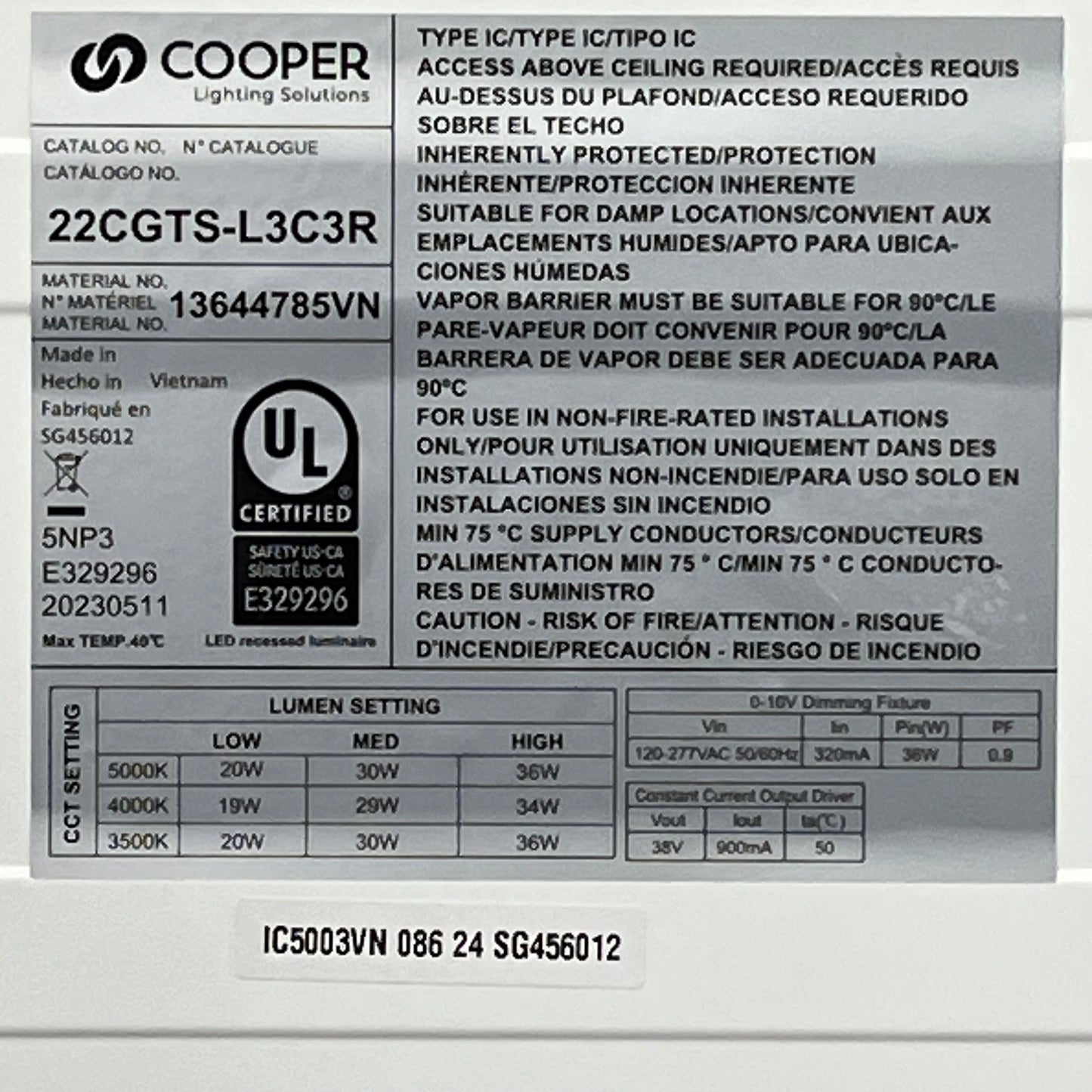 COOPER LIGHTING Selectable Lumen & CCT LED Recessed Panel 2'x2' 22CGTS-L3C3