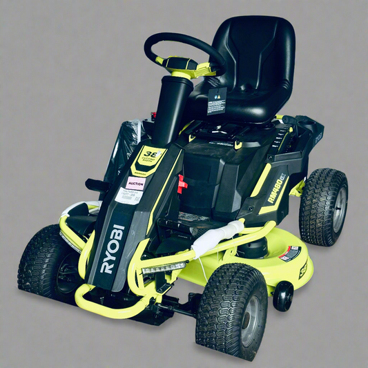 ZA@ RYOBI RYOBI 48V Brushless 38 in. 100 Ah Battery Electric Rear Engine Riding Lawn Mower Sz 64”Lx44”Hx41”W, Green & Black Color (AS-IS, Dinged Steering Wheel)