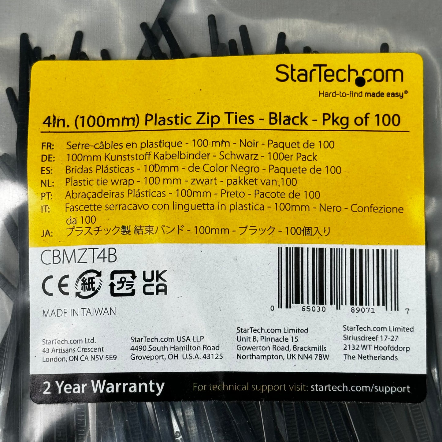 STARTECH.COM (3 PK!) 100 Package Plastic Zip Ties 4" (100mm) Black CBMZT4B