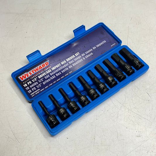 WESTWARD (10 PIECE SET)  Impact Socket Bit Set W/ Case 1/2" Drive Size 4PRH1A
