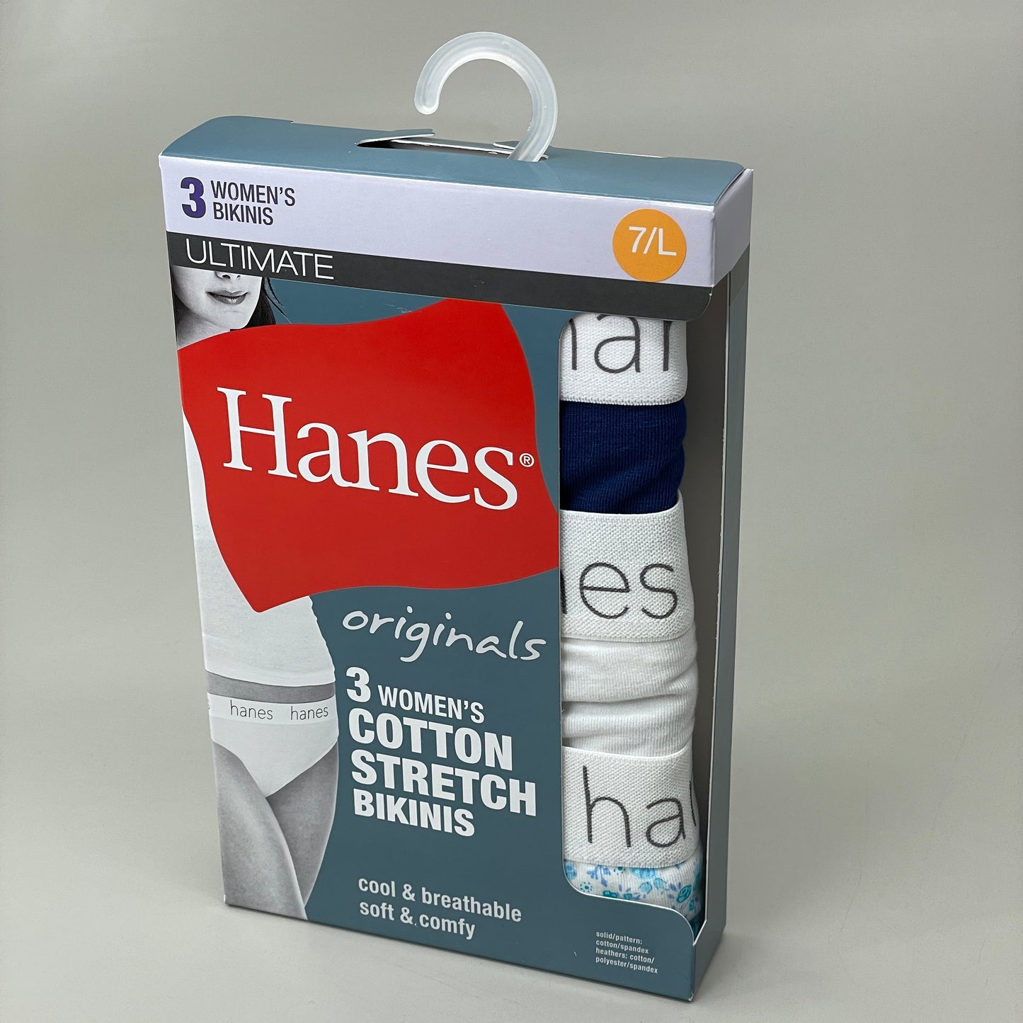 HANES 3 PACK!! Originals Women's Breathable Cotton Stretch Thongs Underwear Sz 7/L Navy/White/Floral 45U0BT