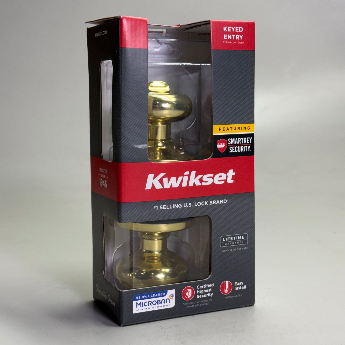 KWIKSET Door Knob Keyed Entry w/ Microban Polished Brass 97402-734