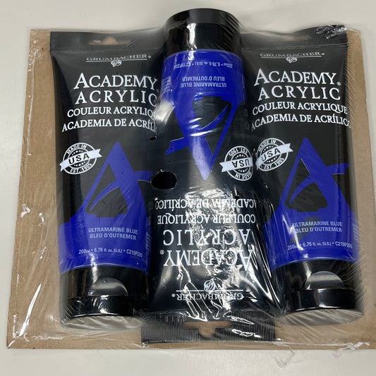 GRUMBACHER 3-PACK! Academy Acrylic Ultramarine Blue 6.76 fl oz/200 ml C219P200 (New)