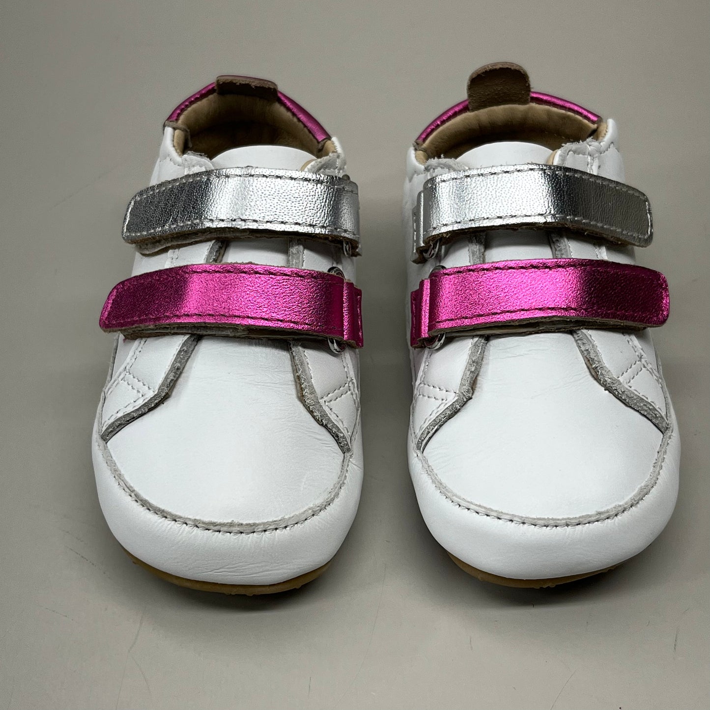 OLD SOLES Baby 2 Straps Leather Shoe Sz 4 EU 20 Snow/Fuchsia Foil/Silver #0060R