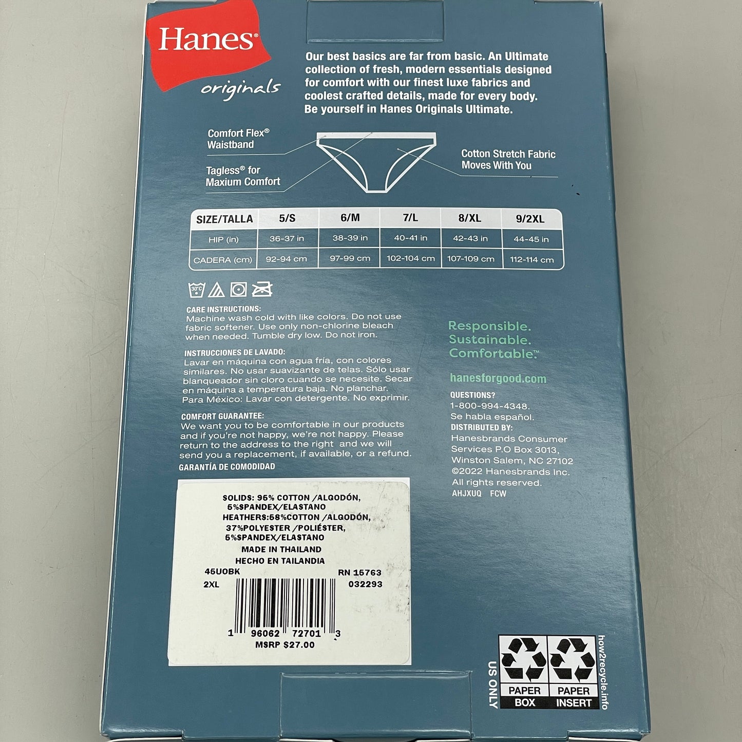 HANES 3 PACK!! Originals Women's Breathable Cotton Bikini Underwear Sz 2XL Blue 45UOBK