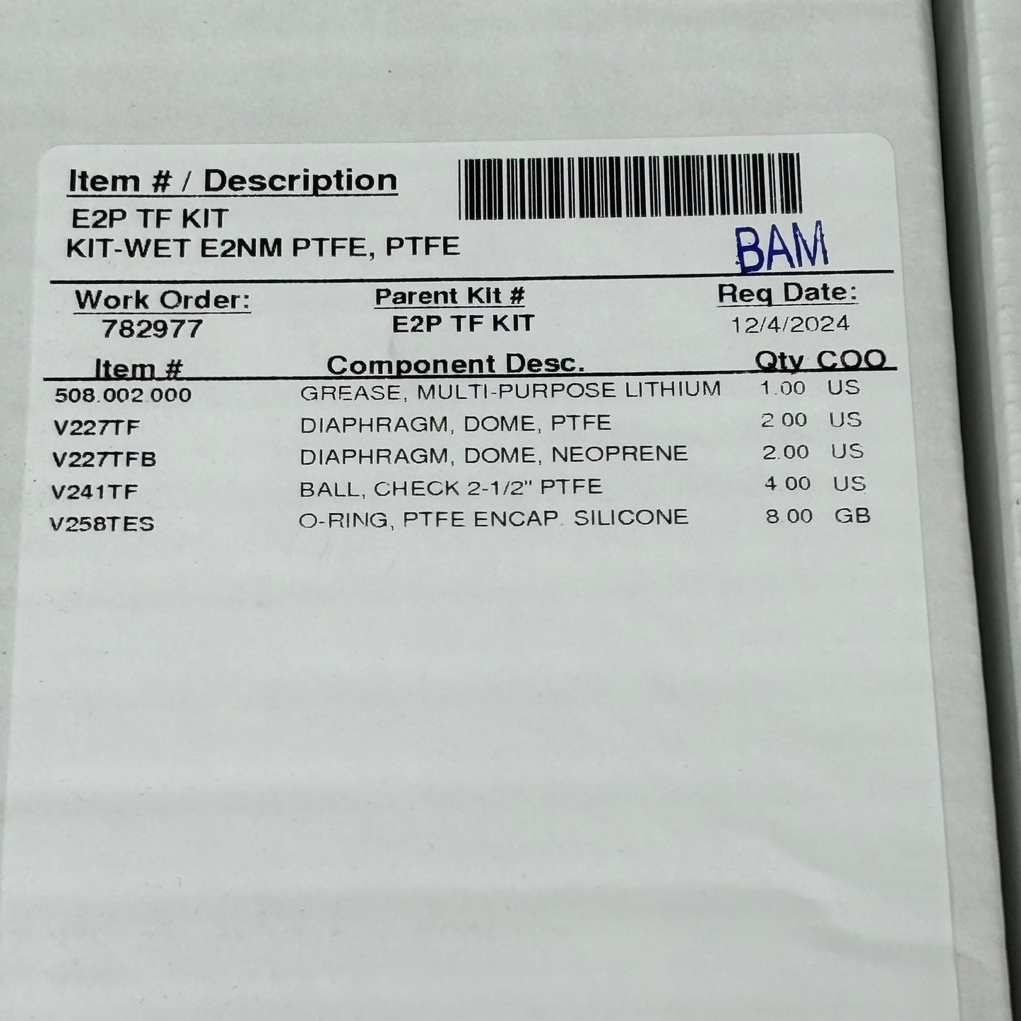 VERSAMATIC Genuine Parts Repair Kit Diaphragm Pump E2P TF KIT