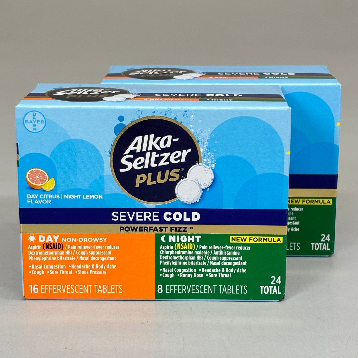 ZA@ ALKA-SELTSER PLUS (2 PACK, 24 TABLETS EACH) Severe Cold 16 Day + 8 Night Tabs BB 03/26 C