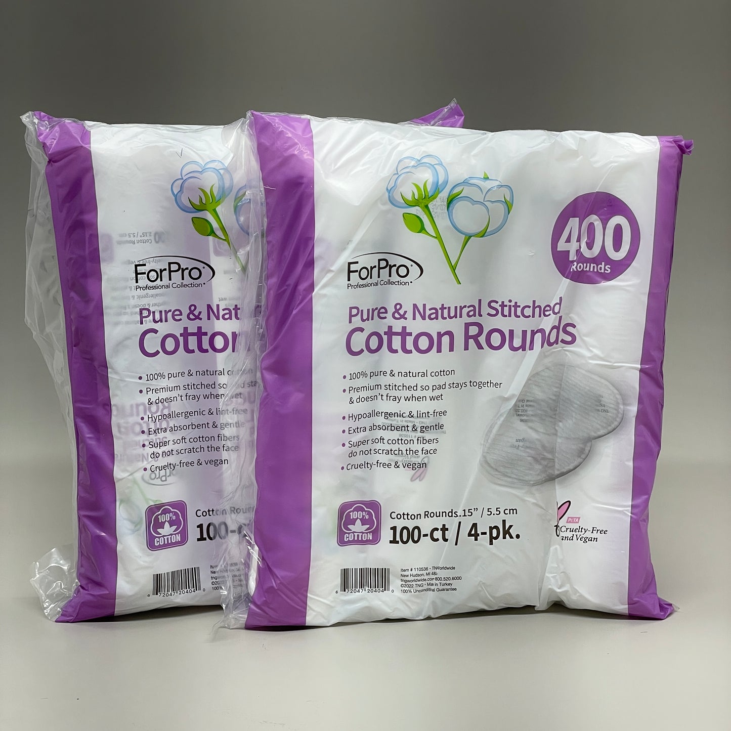 FORPRO (2 PACK) Pure & Natural Stitched Cotton Rounds 400 Rounds Per Pack 110536