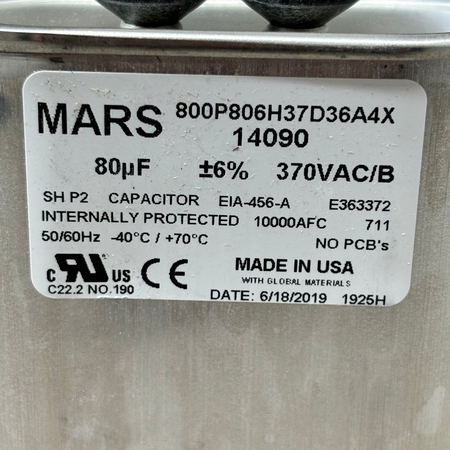 MARS Motor Run Capacitor 80MFD Oval 370 VAC Single Capacitance Made in USA 14090