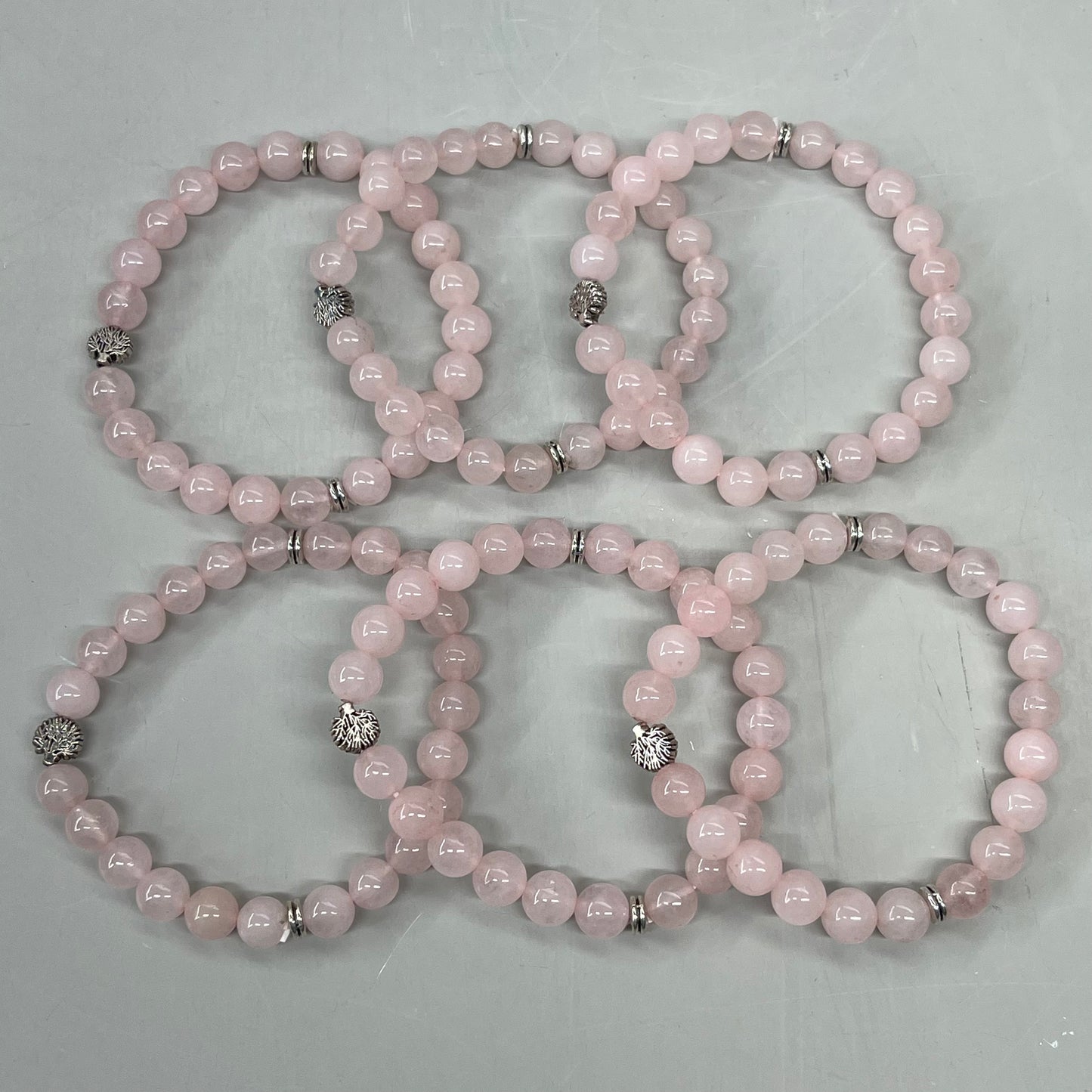 BEST WHOLESALE 6-PACK! Beaded Rose Quartz Crystal Bracelets 3" Silver Tree New