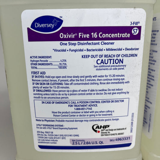DIVERSEY 2-PACK! Oxivir Five 16 Concentrate One Step Disinfectant 2.5L Clear Exp. 07-11-25 (New)
