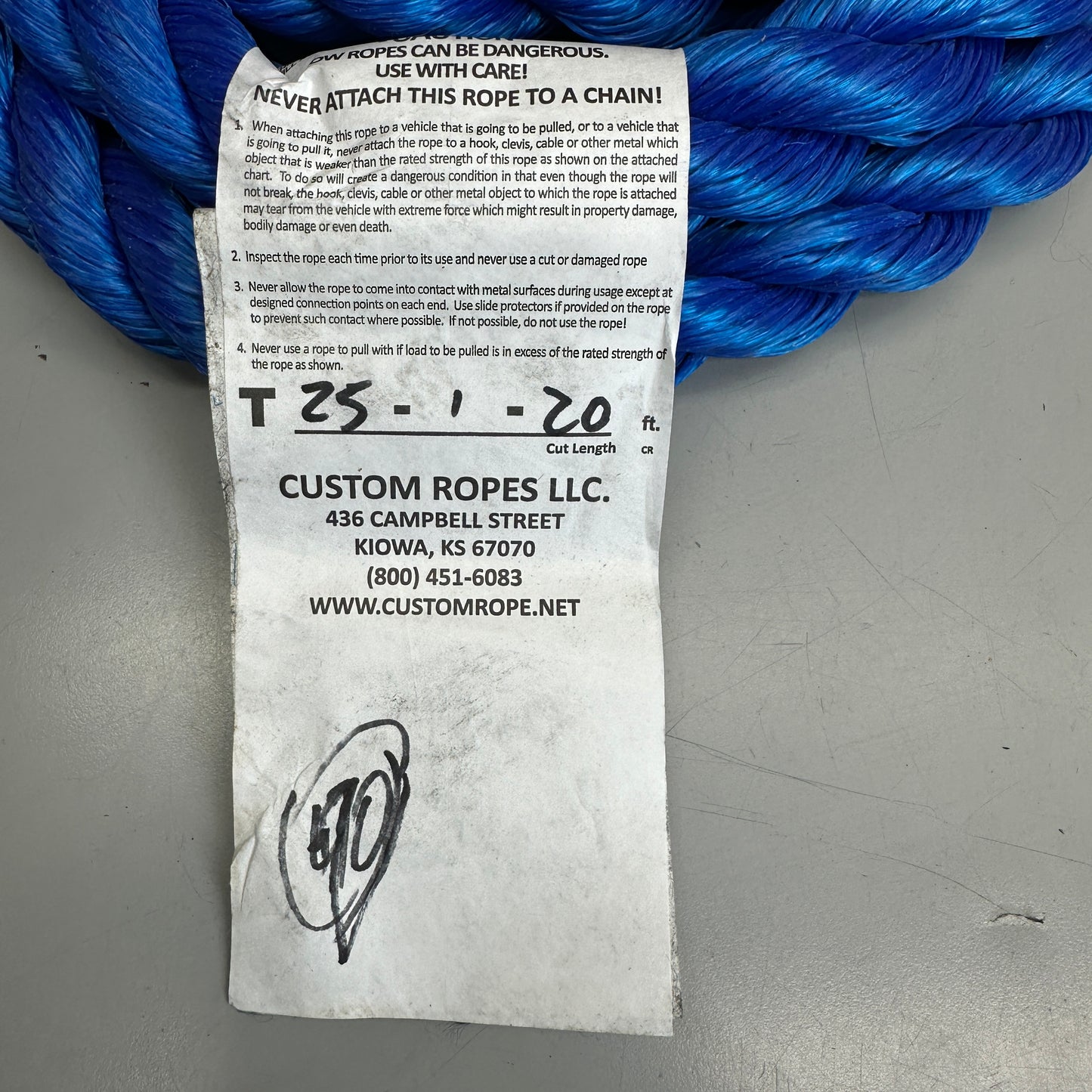 CUSTOM ROPES Tow Rope 1/2 Ton Pickup Truck 25,000 lb Capacity Blue T025