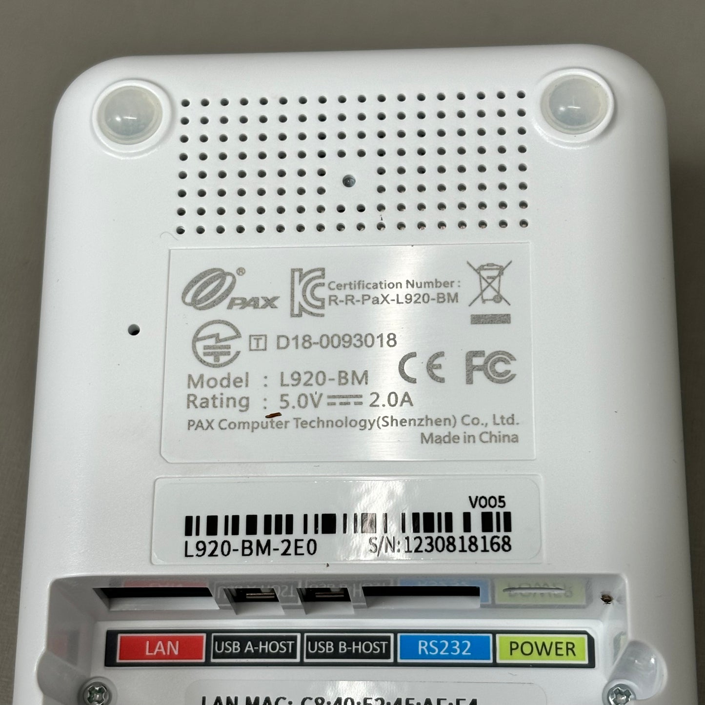 PAX Efficient Charging Dock w/ Ethernet & USB 920 Android Terminal White L920-BM