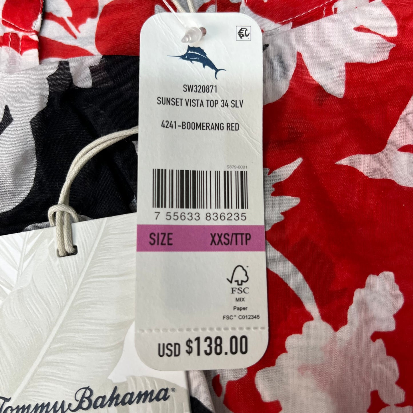 TOMMY BAHAMA Women's Sunset Vista Top 3/4 Sleeve Boomerang Red Size XXS (New)