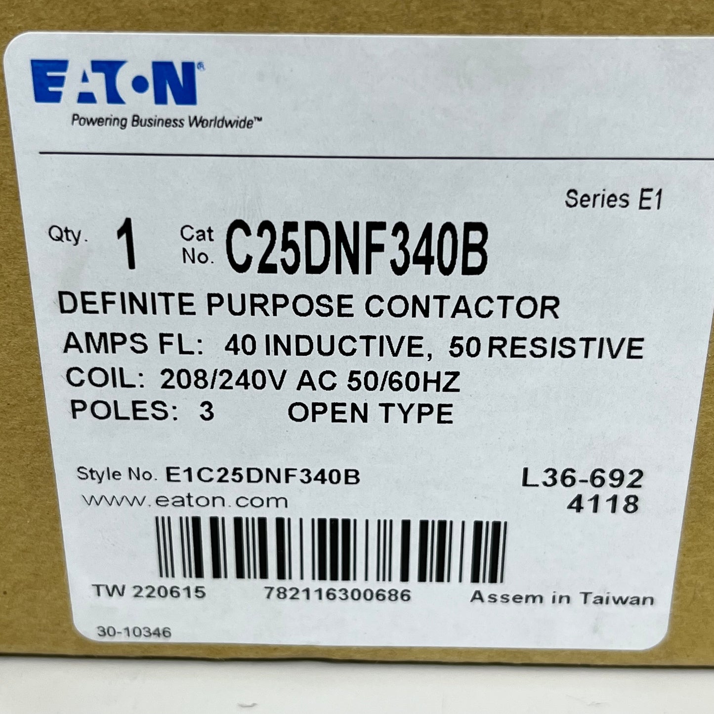 EATON Definite Purpose Contractor 3 Poles 208/240V Series E1 Black 3.5" x 4" 4118 (New)