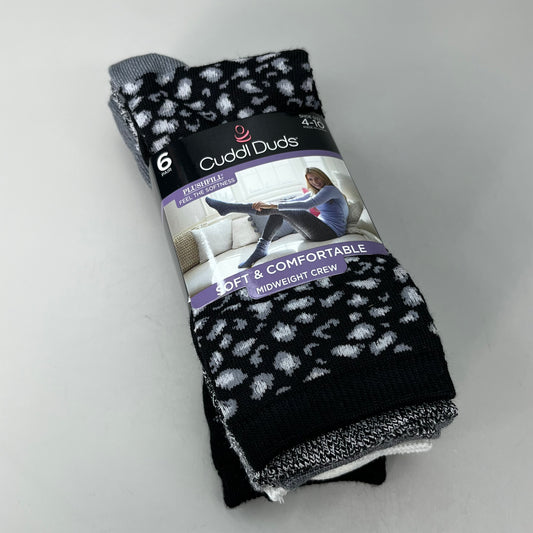 CUDDLE DUDS Super Soft Midweight Crew Socks 6 Pair Sz 4-10 Black Fashion (New)