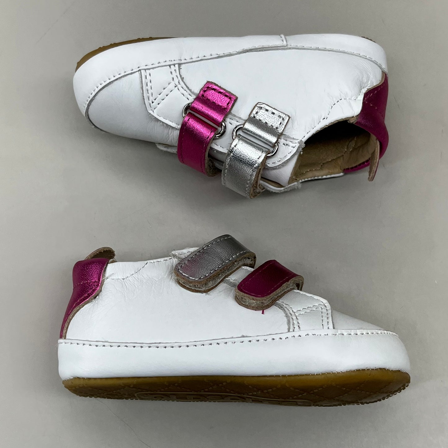 OLD SOLES Baby 2 Straps Leather Shoe Sz 4 EU 20 Snow/Fuchsia Foil/Silver #0060R