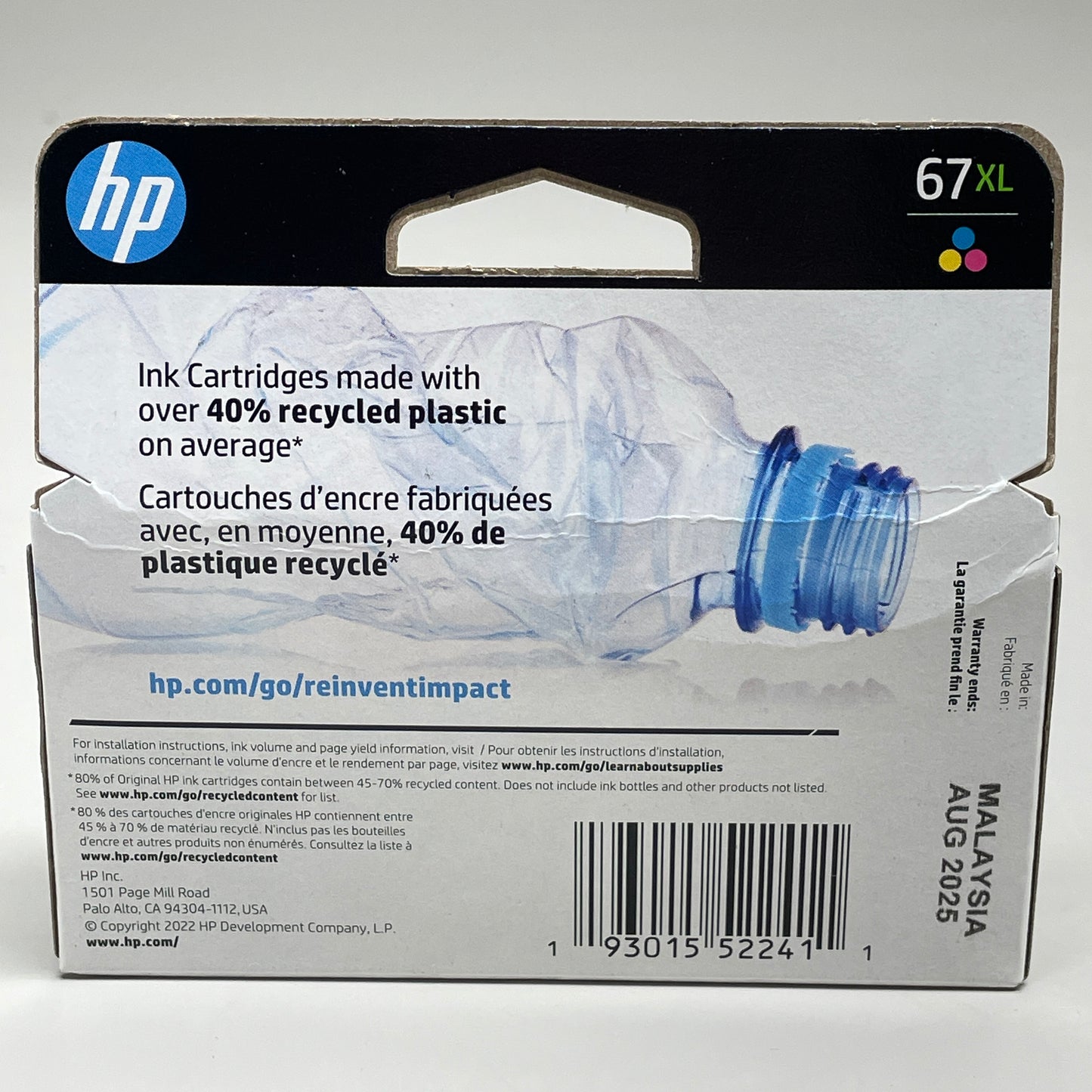 HP 67XL High-Yield Ink Cartridge Tri-Color BB 08/25 3YM58AN#140