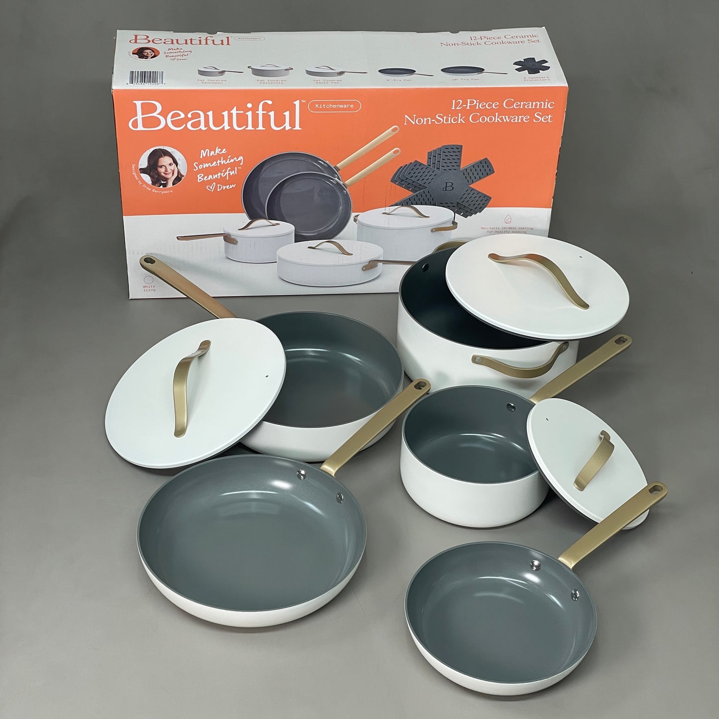 BEAUTIFUL (12-PIECE) Ceramic Non-Stick Cookware Set White Icing Drew Barrymore