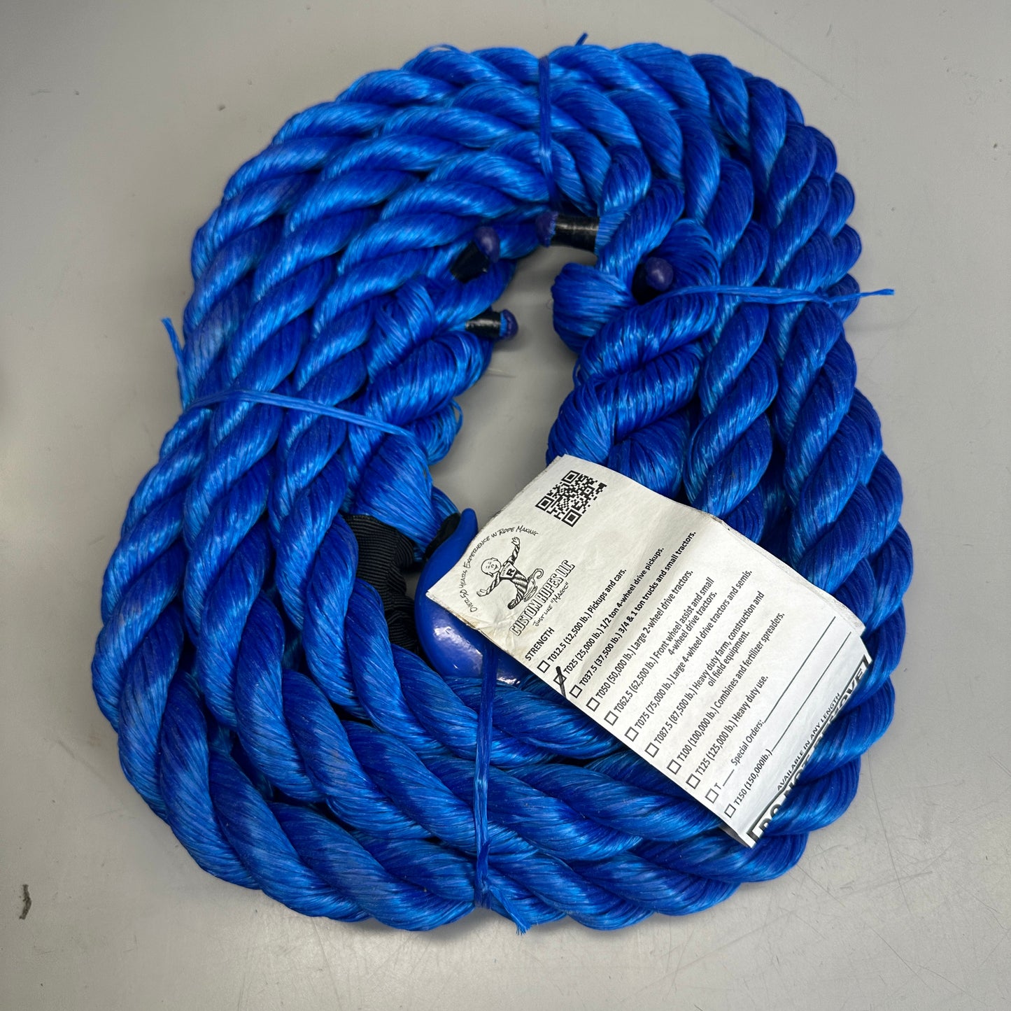 CUSTOM ROPES Tow Rope 1/2 Ton Pickup Truck 25,000 lb Capacity Blue T025