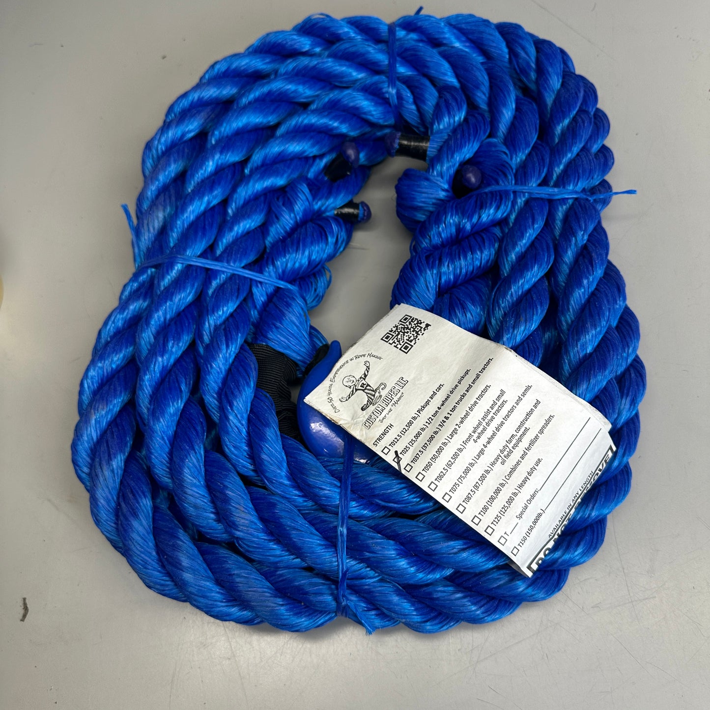 CUSTOM ROPES Tow Rope 1/2 Ton Pickup Truck 25,000 lb Capacity Blue T025