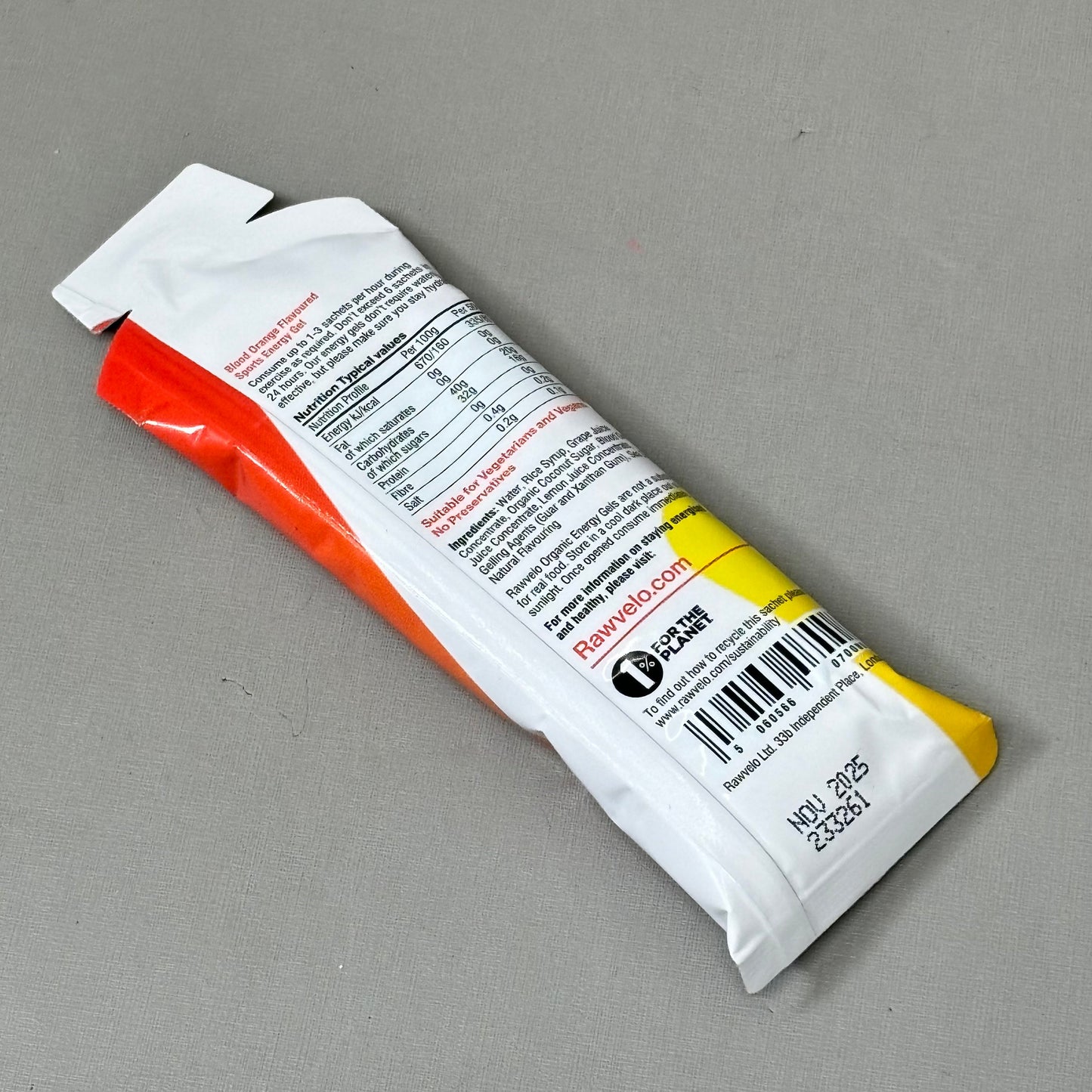 ZA@ RAWVELO (12 PACK) Energy Gels All Natural Blood Orange Cycling Hiking Running 11/25 K