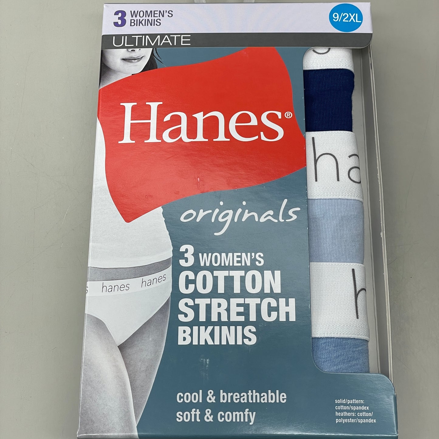 HANES 3 PACK!! Originals Women's Breathable Cotton Bikini Underwear Sz 2XL Blue 45UOBK