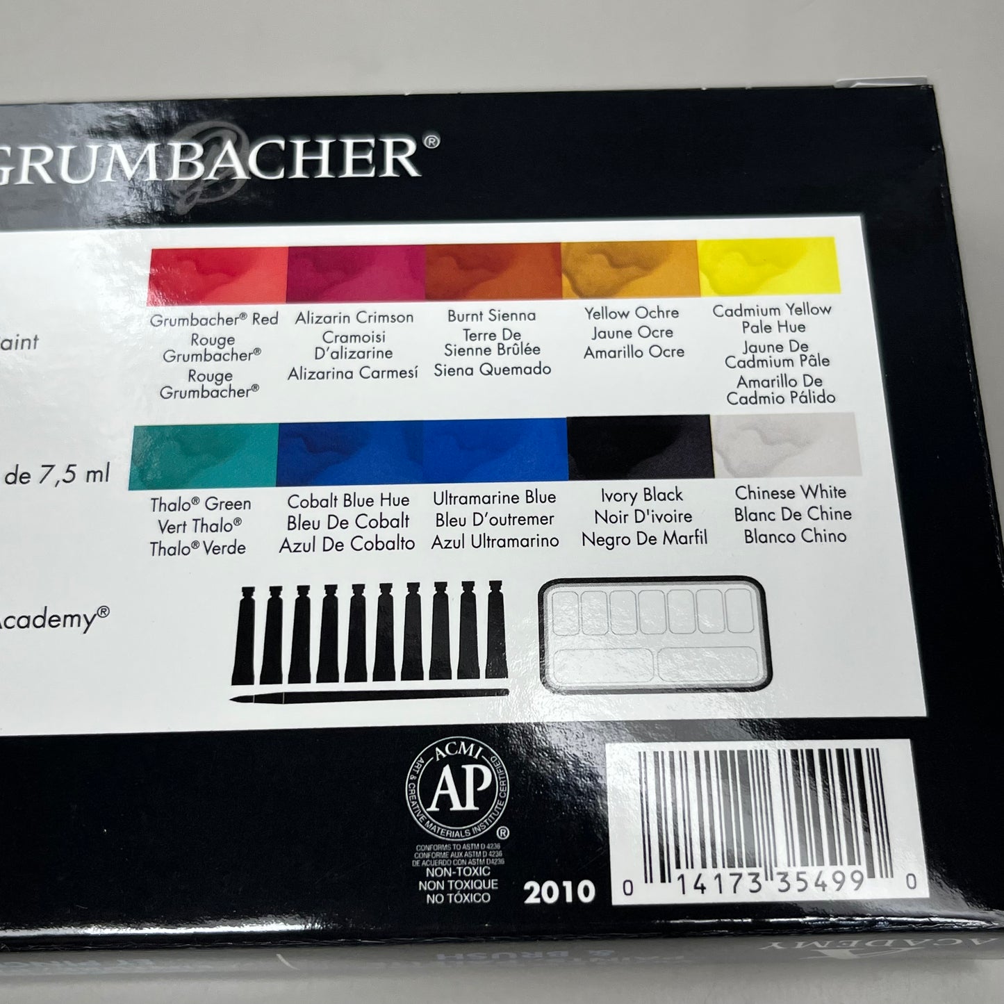 GRUMBACHER Academy Watercolor Paint 10-Color Set w/ Palette, & Brush Sz 7.5 ml / .25 fl oz 2010 (New)
