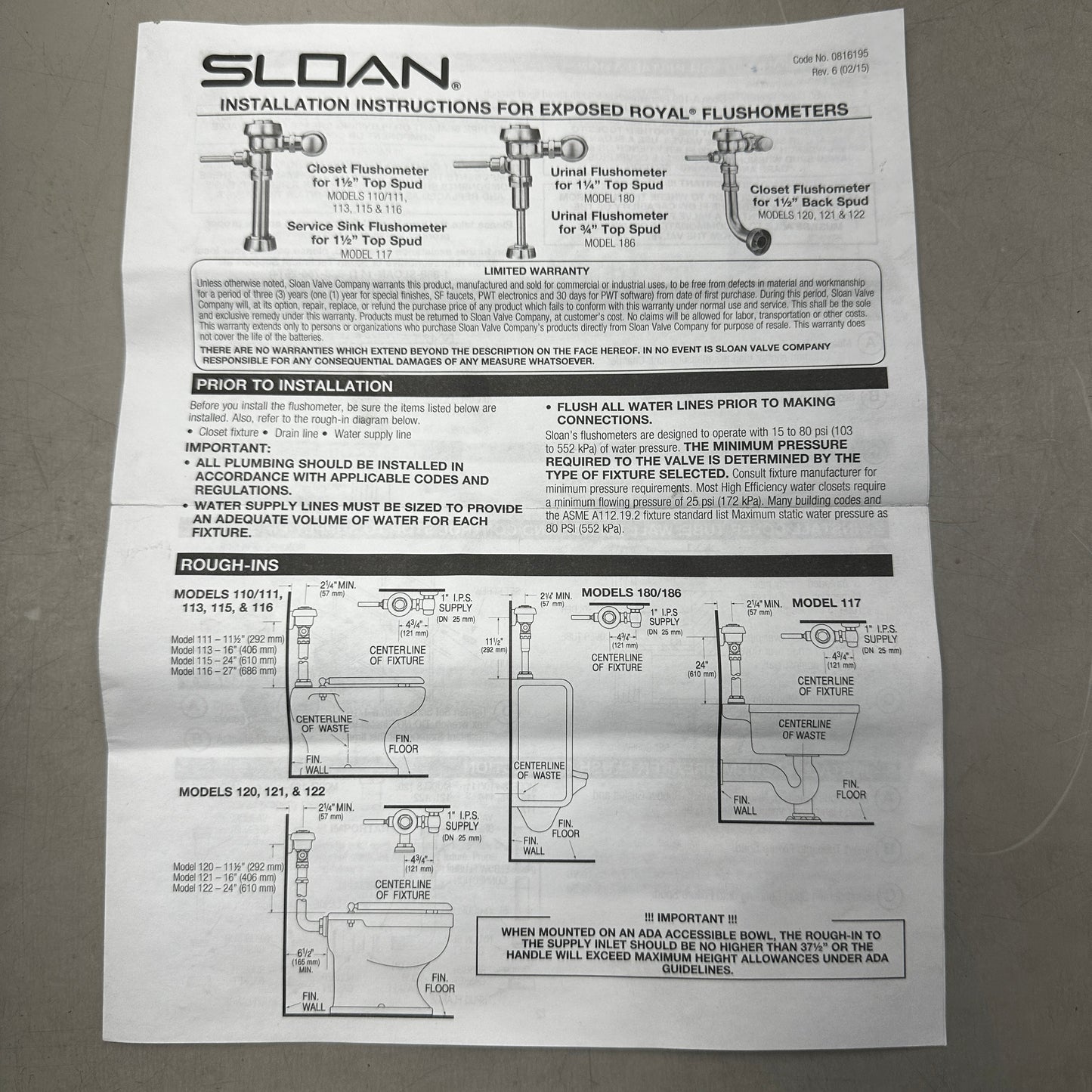 SLOAN Urinal Flushometer Royal Model: 186-1