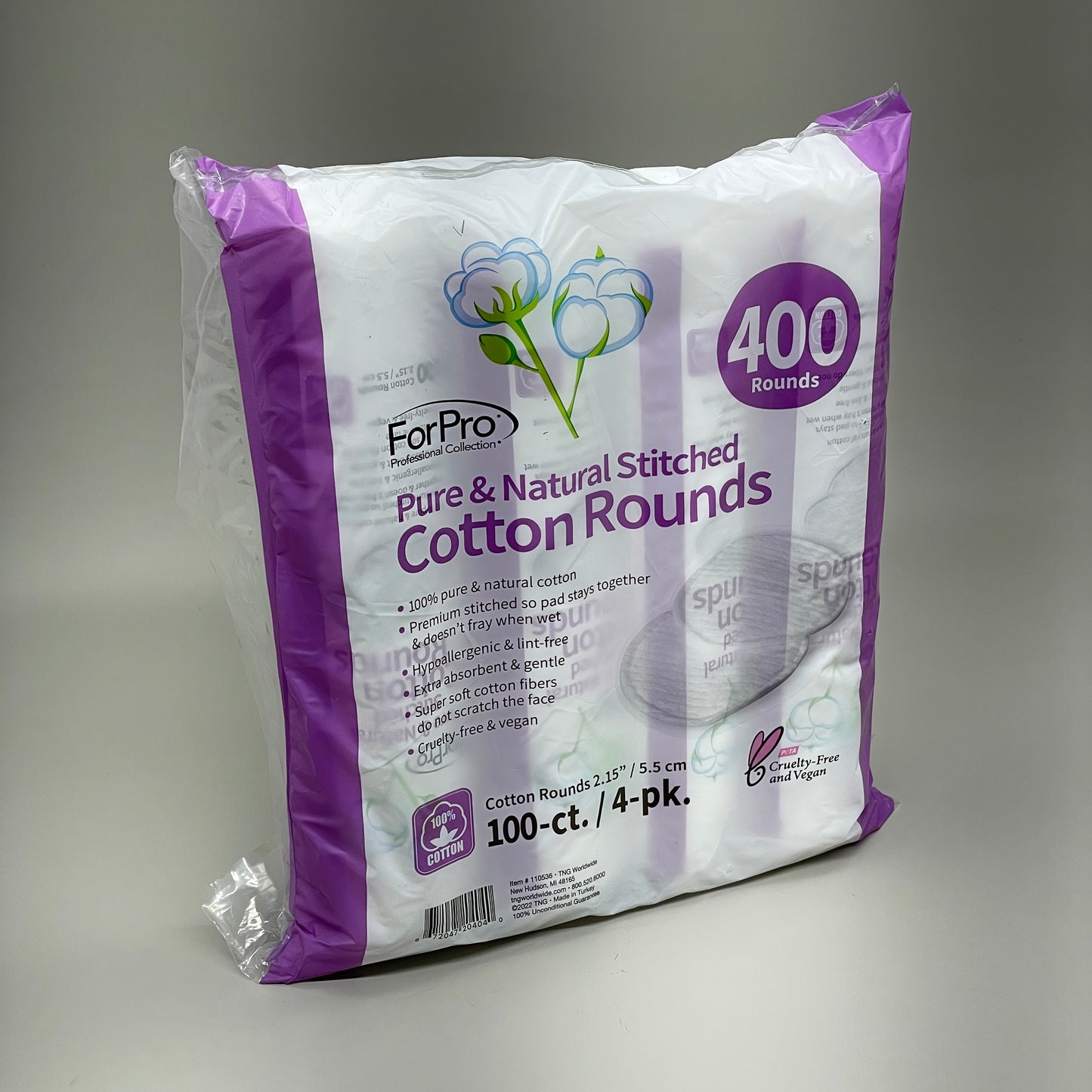 FORPRO (2 PACK) Pure & Natural Stitched Cotton Rounds 400 Rounds Per Pack 110536