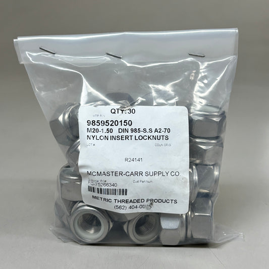METRIC THREADED PRODUCTS (30 PACK) Nylon Insert Locknuts  M20-1.50  Chrome 985-S.S A2-70