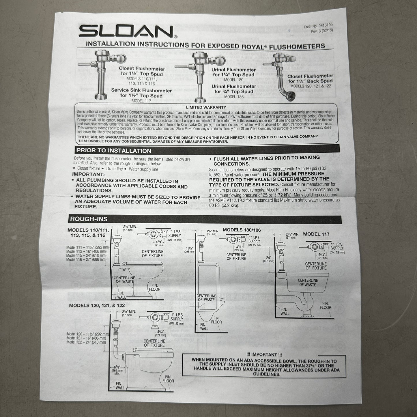 SLOAN Urinal Flushometer Royal Model: 186-1