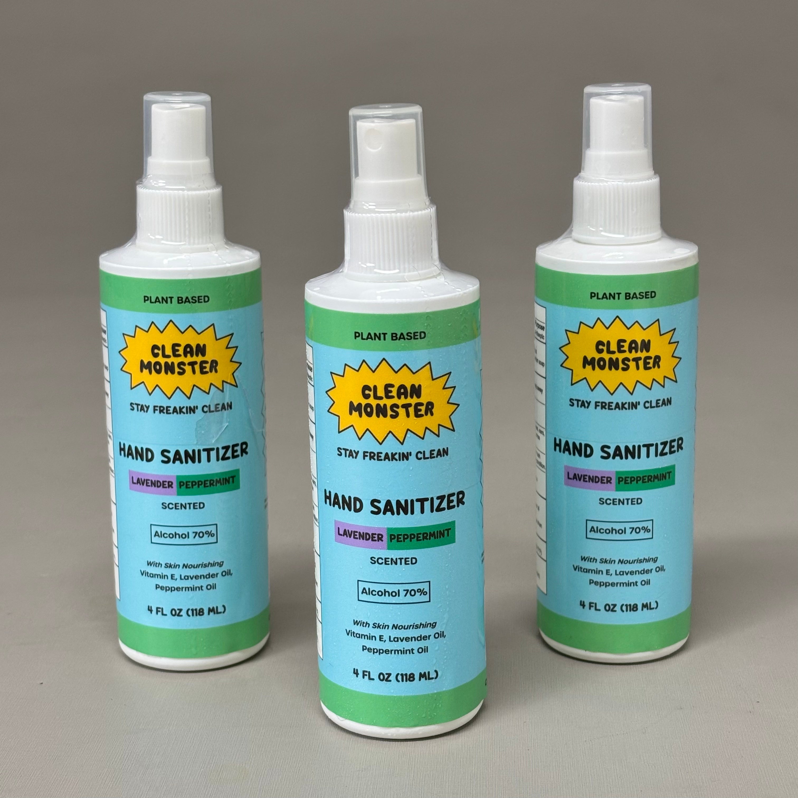 ZA@ CLEAN MONSTER (3 PACK) Hand Sanitizer Spray Lavender Peppermint Sc ...