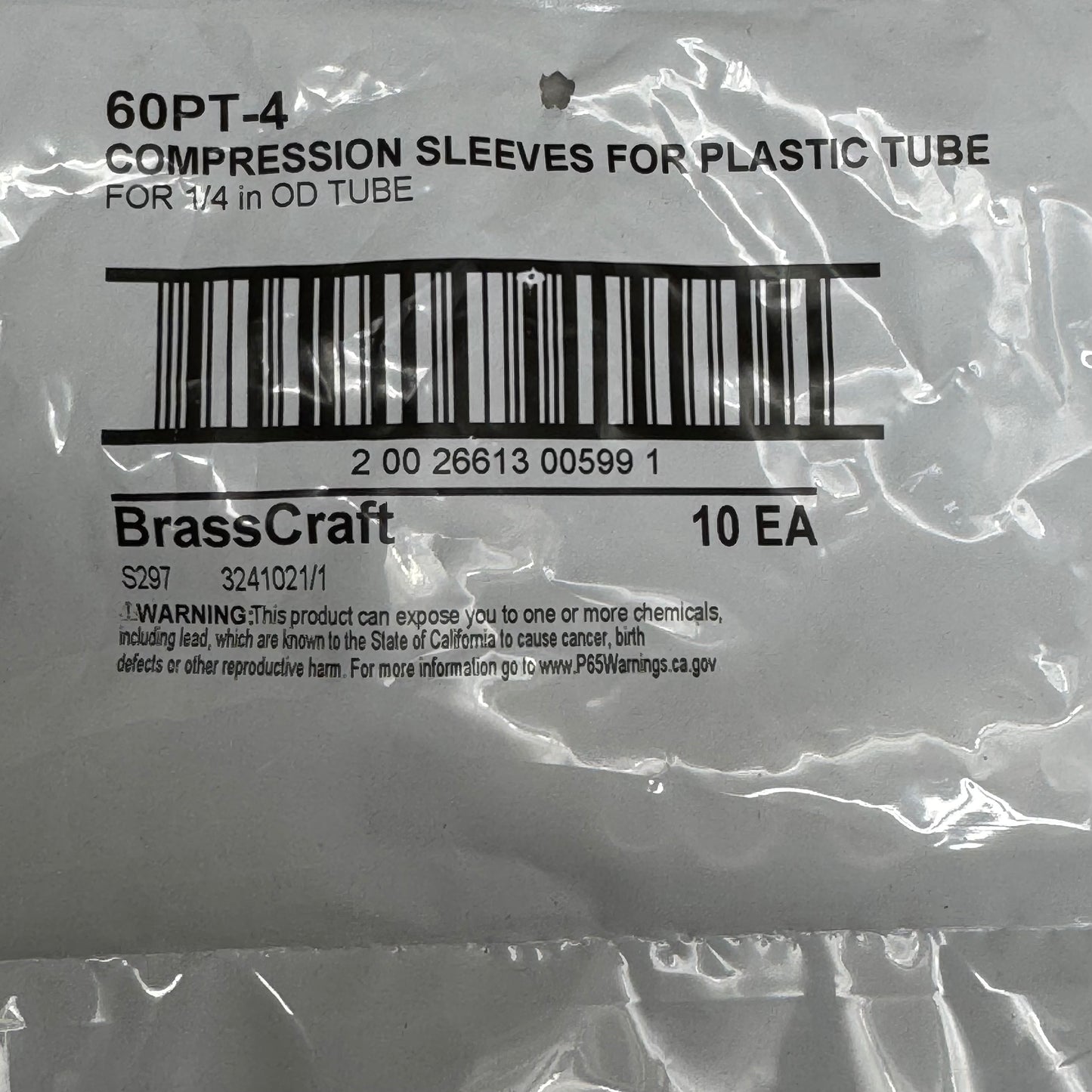 BRASSCRAFT (5 PACKS OF 10 SLEEVES) Compression Sleeves For Plastic Tube FOR 1/4" OD TUBE White 60PT-4