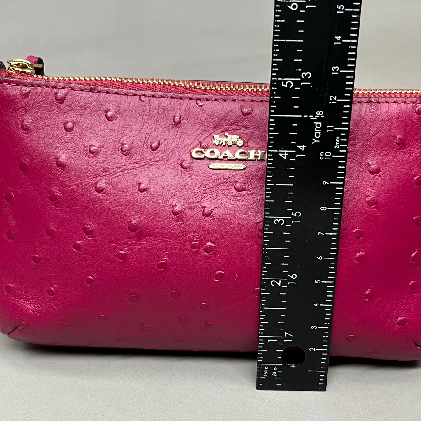 COACH Ostrich Large Leather Wristlet Wallet Phone Case With Chain Pink F79891 (New)