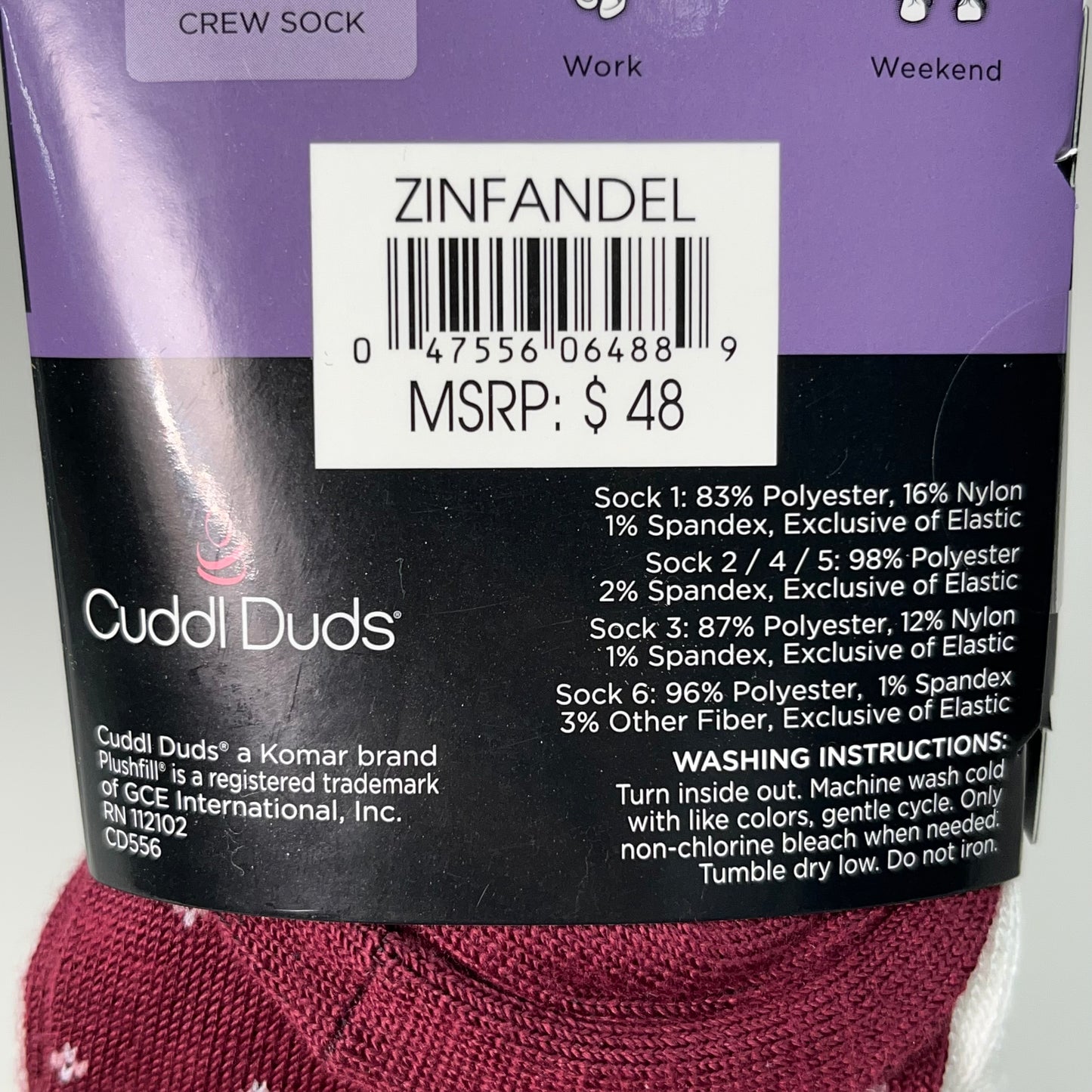 CUDDLE DUDS Super Soft Midweight Crew Socks 6 Pair Sz 4-10 Zinfandel (New)