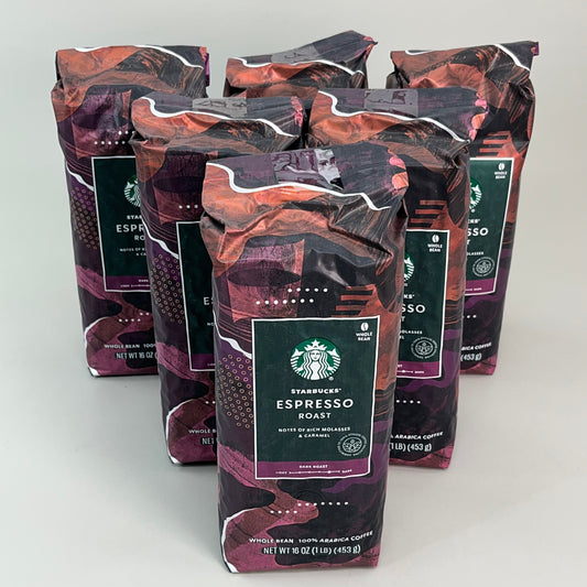 ZA@ STARBUCKS (6 PACK) Espresso Roast Whole Bean Arabica Coffee 16 oz 1LB BB 08/24