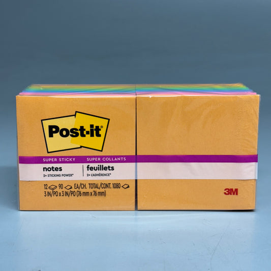 POST-IT (2 PACK of 12, 24 Total Pads) Super Sticky Post-it Notes 3" x 3" Rainbow