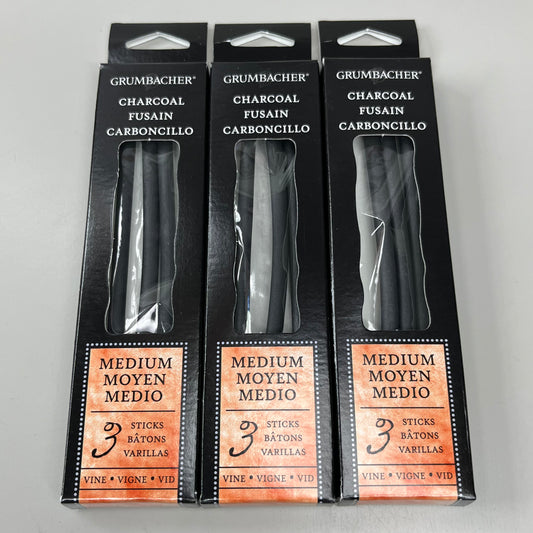 GRUMBACHER 3-PACKS of 3! (9 charcoal sticks total) Medium Charcoal V42 (New)