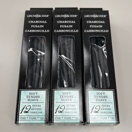 GRUMBACHER 3-PACKS of 12! (36 charcoal sticks total) Tender Charcoal V4112 (New)