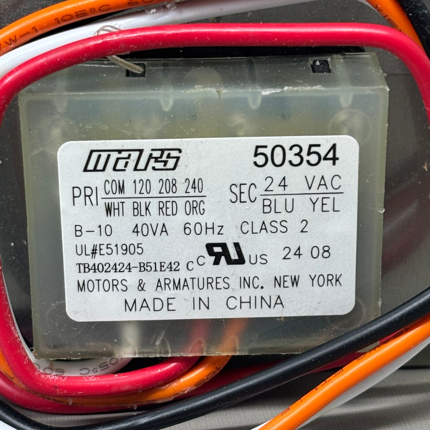 MARS JARD 40VA Control Transformer NEMA Class II Input Voltage 120/208/240 50354